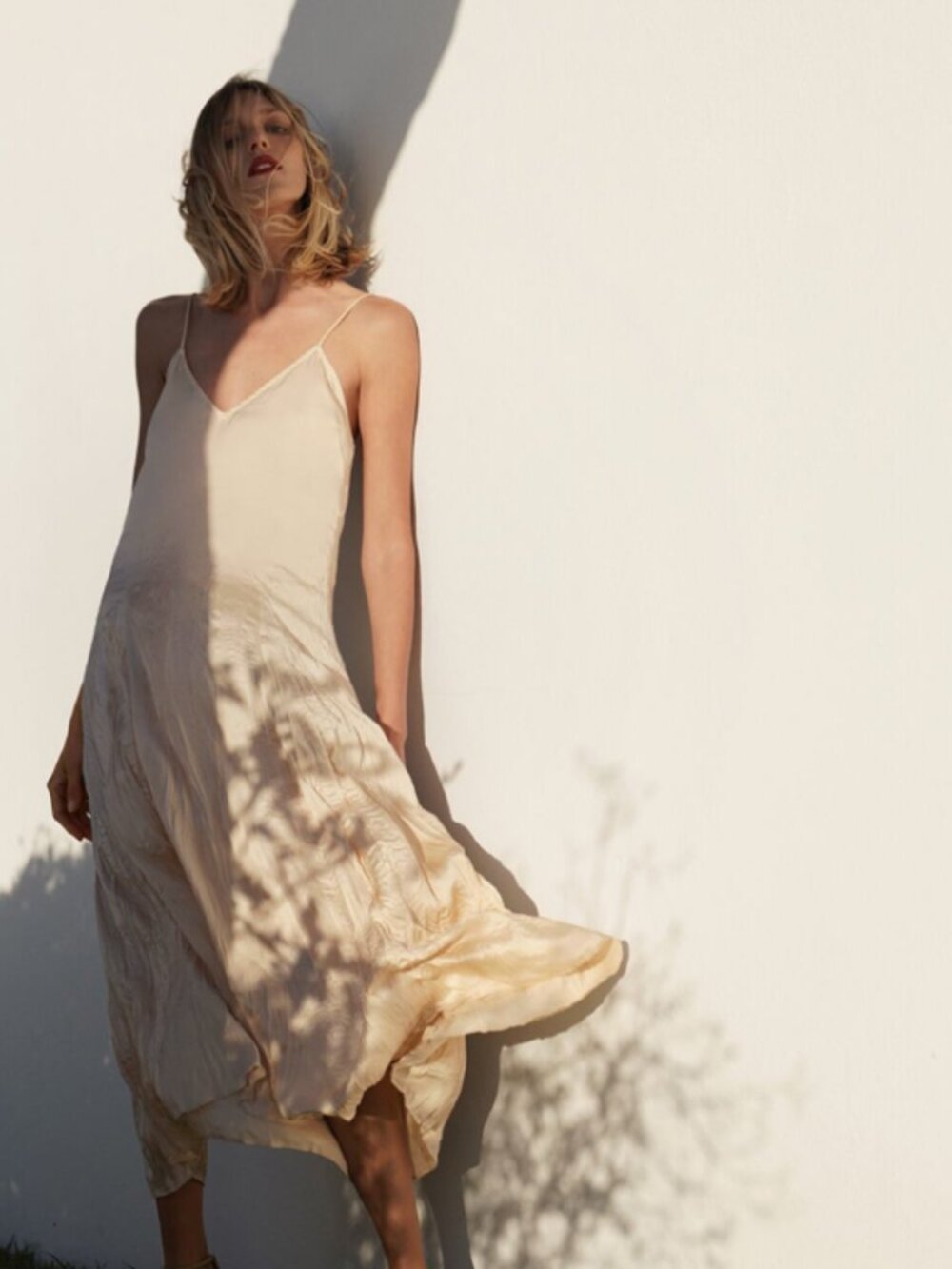 Zara satin wrinkle effect long dress beige small